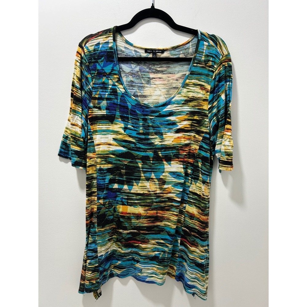Cable & Gauge Women XL Abstract Tropical Knit Top Blue Yellow Short Sleeve Scoop